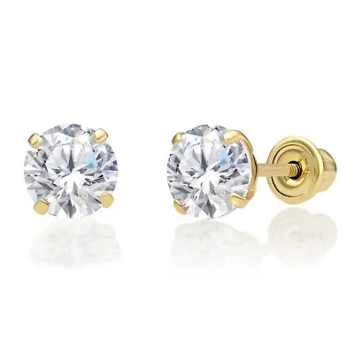 $24.29 • Buy 10K Real Solid Gold Solitaire Round CZ Sleeper Studs Earrings Screw-back 2mm-8mm