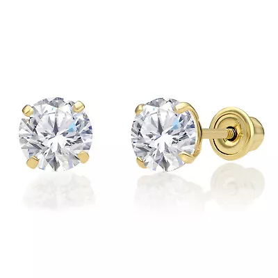 $24.29 • Buy 10K Real Solid Gold Solitaire Round CZ Sleeper Studs Earrings Screw-back 2mm-8mm