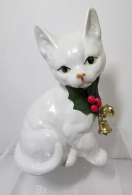 Vintage Enesco White Iridescent  Cat/Kitten Porcelain Figurine With Holly 1988 • $6.30