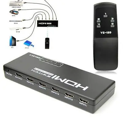 5-Port 1080P HDMI Switch Switcher Selector Splitter +Remote For HDTV DVD STR HU • £22.19