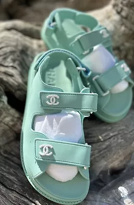 Chanel Vecro Rubber Fun Comfy Beach Dad Sandals In Mint UK 5 EU 38  New • £550