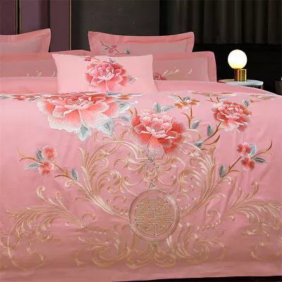 Wedding 10 Pcs Cotton Bedding Set Embroidery Duvet Cover Bed Sheet Pillowcases • $283.10