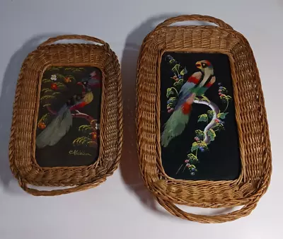 2 Mexican Feathercraft Folk Bird Art W Real Feathers Wicker Trays • $15