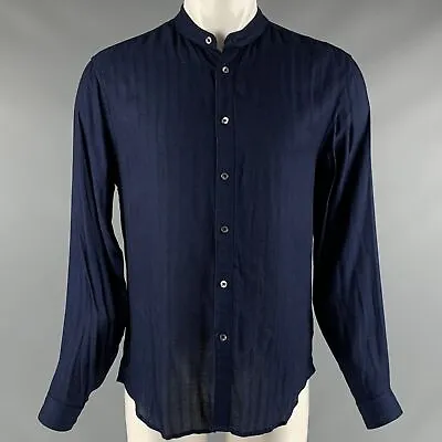 JOHN VARVATOS Size S Blue Navy Textured Viscose Nehru Collar Long Sleeve Shirt • £154.29