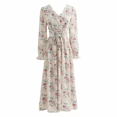 Lady Tea Dress Floral Long Sleeve V-neck Chiffon Cottagecore Lace Up Retro Fairy • £34.79