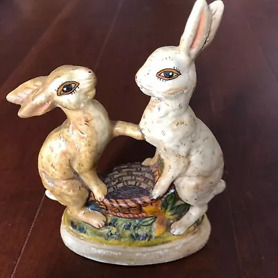 $125 • Buy Vaillancourt Folk Art Chalkware Vintage Easter Two Bunnies Touching Hands Basket
