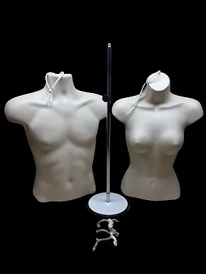 2 Pcs FLESH MANNEQUIN TORSO SET W/2 HANGERS + 1 STAND -MALE & FEMALE BODY FORMS • $24