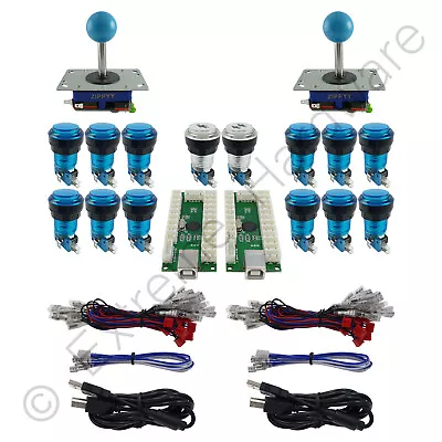 £47.99 • Buy 2 Player Arcade USB Control Kit 2 Ball Top Joysticks 14 LED Buttons Blue MAME Pi
