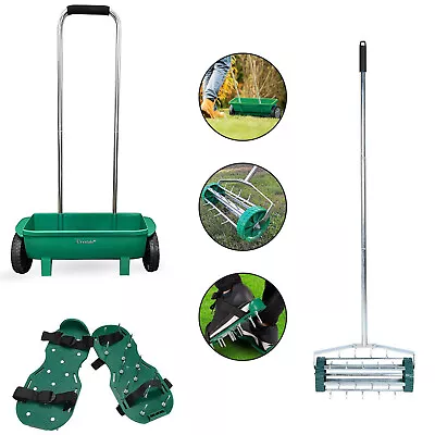 Garden Lawn Roller Aerator/Spiker Shoe & Soil Seed Grit Fertiliser Feed Spreader • £23.99