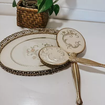 Vintage Handheld Gold Floral Detail Mirror & Brush Set Filigree Vanity Tray • $120