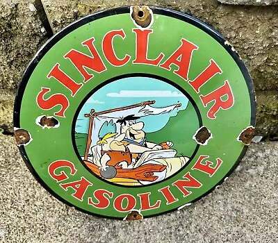 Vintage Sinclair Gasoline Sign Flintstones Dino Gas Oil Pump Porcelain Sign • $129.99