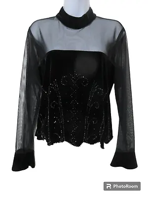 Sz 14 Vintage J R Nites By Caliendo Black Velvet Velour Sheer Beaded Blouse Top • $23.86