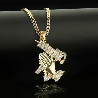 Iced Out Diamonds Prayer Hands Uzi Pistol 14k Gold Chain UK SELLER • £14.99