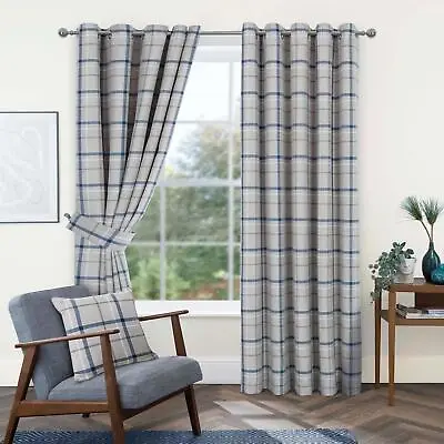 Blue Woven Check Eyelet Curtains Hudson Checked Ring Top Curtain Pair • £71