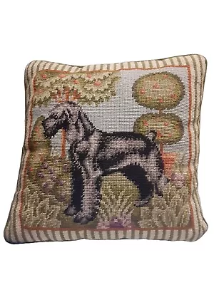 Vtg Handmade Wool Needlepoint  Dog  Schnauzer Throw Pillow Square 13.5  • $69