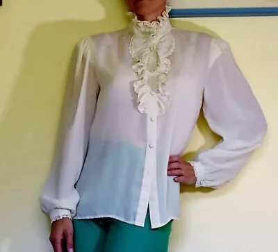 Vintage High Neck Lace Pirate Blouse 70s 80s Edwardian Style Women's White M • £21.22