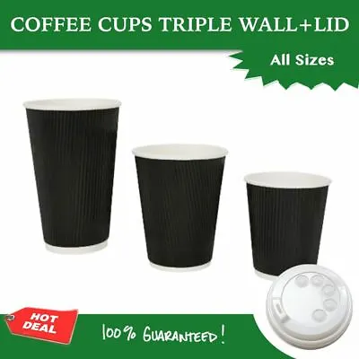 Disposable Coffee Cups Bulk Triple Wall 8Oz 12Oz 16Oz W/Lids HOT Takeaway Cups • $30