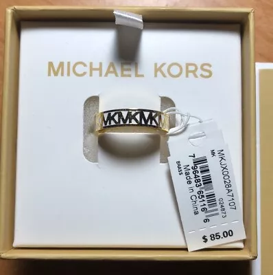 Michael Kors Gold Plated Over Brass & White Enamel MK Logo Ring Size 7 NWT & Box • $55