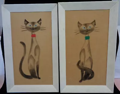 2 Vintage Velvet Painted Siamese Cat Pictures - MCM 1960's • $49.99