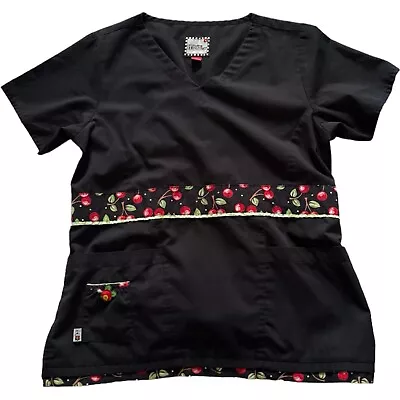 Mary Engelbreit Women Scrub Top V-Neck Cherry Trimming Black Size Medium • $13.94