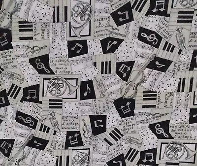 Fabric Traditions Black White Music Instrument Piano Sparkle Cotton Fabric BTY • $8.95