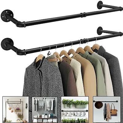 2PC Industrial Pipe Clothing Rack Wall Mounted Clothes Rail Hanging Display Rack • £7.71