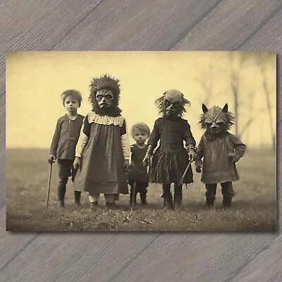 POSTCARD Weird Creepy Vintage Vibe Kids Halloween Cult Unusual Mask Field • $6