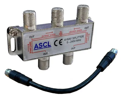 ASCL 1 In 4 Output TV Aerial Coaxial Cable Way Splitter With Black Patch Cable • £5.49