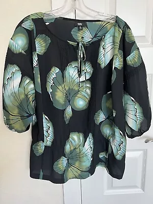 Mossimo Black Green Floral Pintuck Peplum 3/4 Sleeves Pullover Blouse Sz XL • $7.20