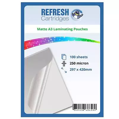 Refresh Cartridges MATTE Laminating Pouches A3 250 Micron Pack Of 100 Sheets • £43.07