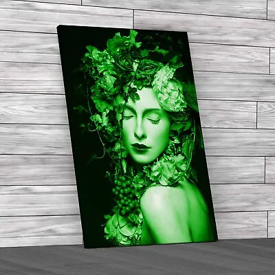 Floral Woman Portrait Green Canvas Print Large Picture Wall Art • £14.95
