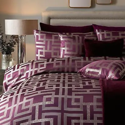 Soiree Bardon 100% Polyester Geometric Met Trim Duvet Cover Set In Damson • £26.95