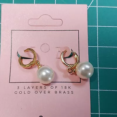 Viva Gold Plated Faux-Pearl Bead Dangle Hoop Earrings • $8