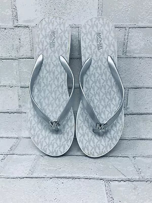 Michael Kors Sandals Bedford Wedge Flip Flops Womens SILV/WHITE Sz 11M • $39.99