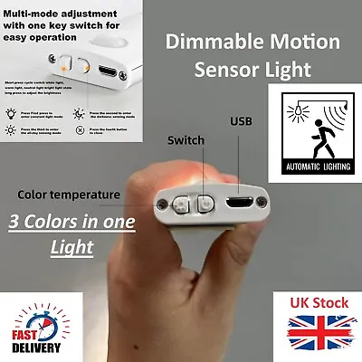 LED PIR Motion Sensor Strip Light USB Rechargeable Magnetic Cabinet Closet Lamp • £5.29