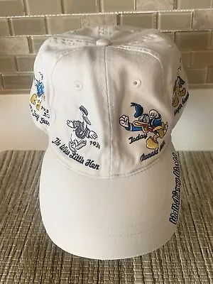 Vtg Walt Disney World Donald Duck Hat/cap Wht/cool Logos Adult One Size Rare Vg • $39