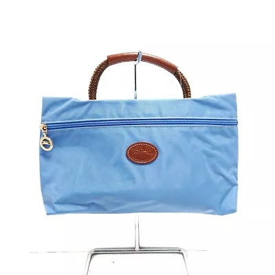 Auth LONGCHAMP - 2524089HT164 Light Blue Brown Nylon Leather Handbag • $82