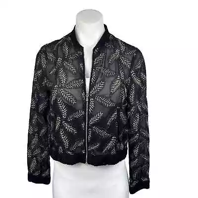 Zara Women’s Gold Black Embroidered Leaf Sheer Mesh Bomber Cardigan Jacket Sz S  • $28.99