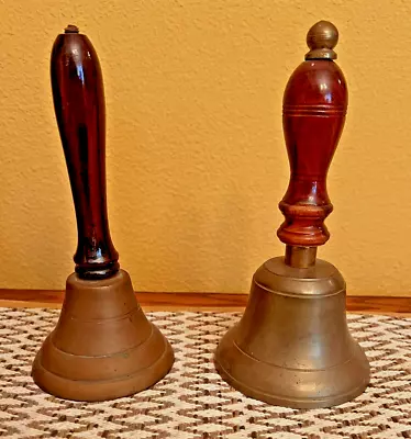 LOT OF 2 Vintage 8  Wooden Wood Handle Brass School Teacher Bells • $17.99