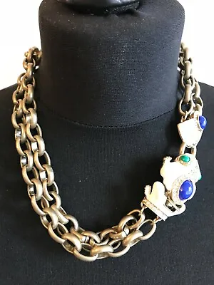Designer J Crew Signed Auth White Enamelled Frog Blue Cabochon Couture Necklace • $95.99