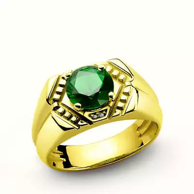 Green Emerald Men's Ring With Natural Diamonds In 10k Yellow Gold • $769