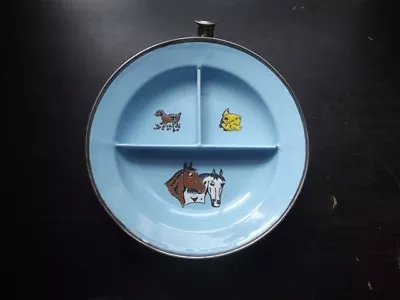 Vintage FARM ANIMALS CHILD'S WARMING PLATE - ENAMEL & SILVER PLATE HORSE GOAT • £14.24