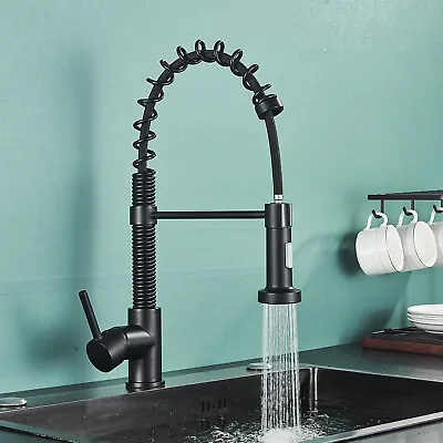 Matte Black Kitchen Sink Faucet Swivel Single Handle Pull Down Sprayer Mixer Tap • $32.69