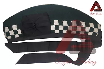 Highlander Military Piper DICED Glengarry Hat Scottish KILT CAP 100% Green Wool • $36