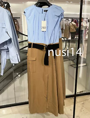 Zara New Woman Contrast Midi Dress With Belt Dark Camel Xs-xl 2157/022 • $88.88