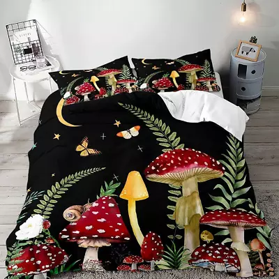 3PCS Trippy Mushroom Bedding Set Duvet Cover Full Black Bedding Moon Star But • $67.01
