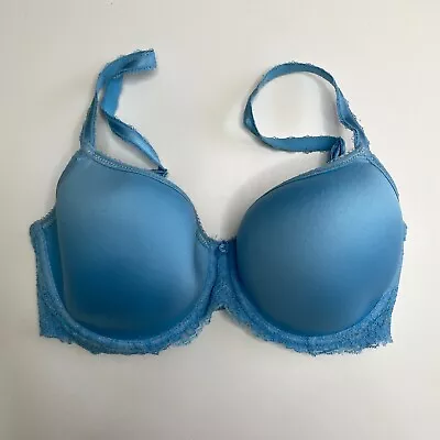 Wacoal Bra 32DD Underwire Blue Satin Padded Cup Lace Wings 853255 • $23