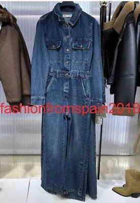 ZARA NEW WOMAN DENIM JUMPSUIT WITH FRONT POCKETS INDIGO BLUE  0108/235 Medium • $54.29