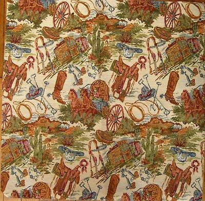 Western Tapestry Fabric 22  Square  Horses Saddle Cowboy Hat Wagon Wheel Sample • £15.42