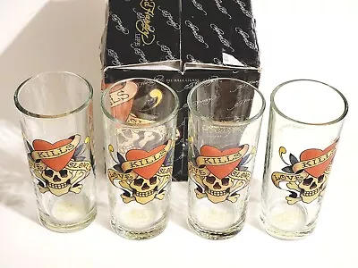 Set Of 4 - Don Ed Hardy  LOVE KILLS SLOWLY  14 Oz. HI-BALL SKULL & HEART GLASSES • $21.24